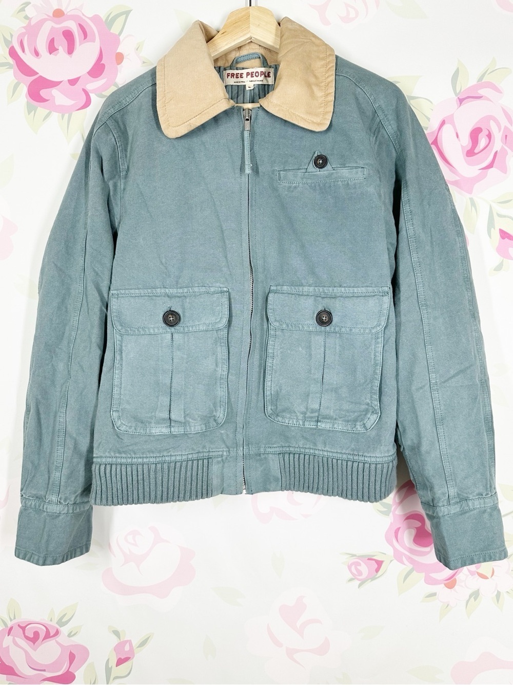 NEW Free People We The Free Harley Green Tan Corduroy Collar Cropped Jacket M